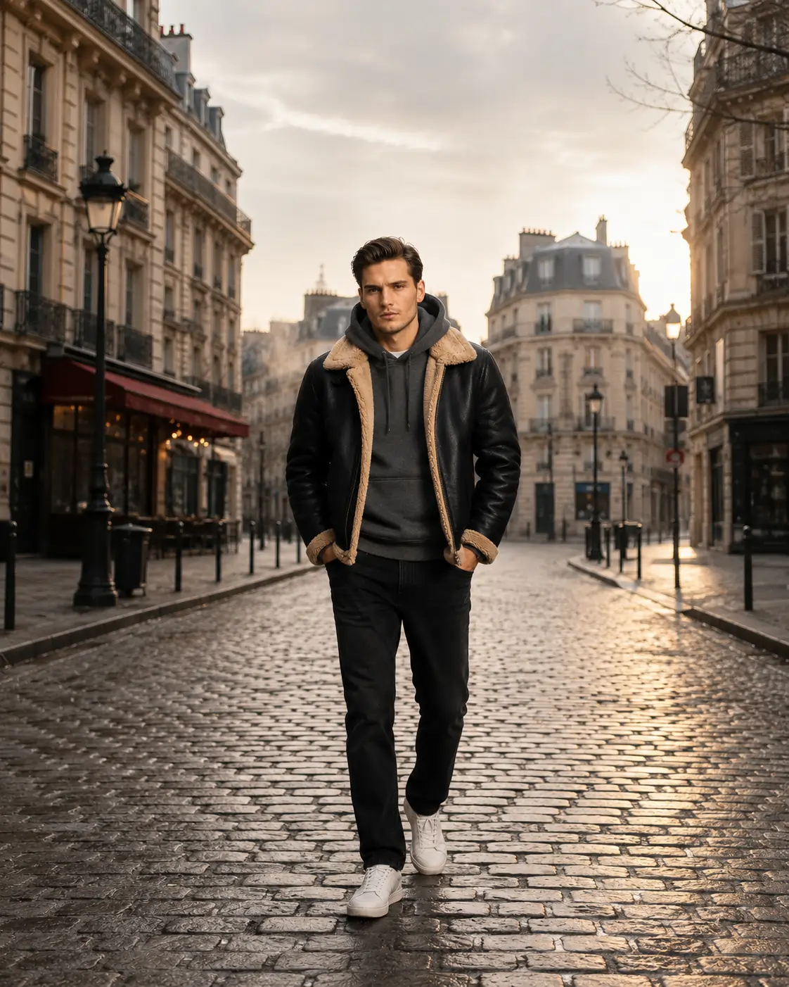 B3 bomber jacket layered over a hoodie for casual winter wear